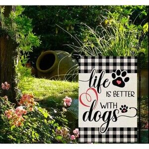 Life Is Better With Dogs Garden Flag ~ Buffalo Check ~ Double  Sided ~ 12 × 18